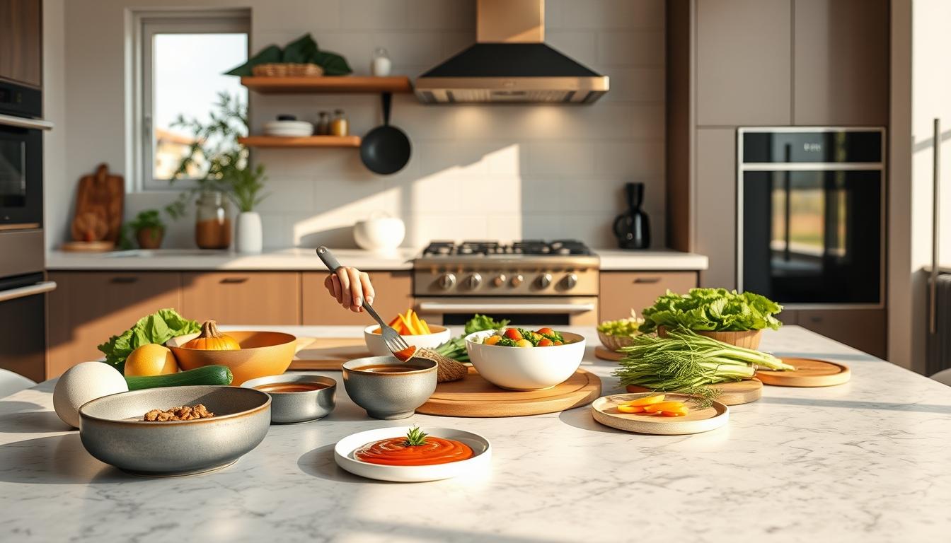 Balanced healthy meal prepared in a home kitchen